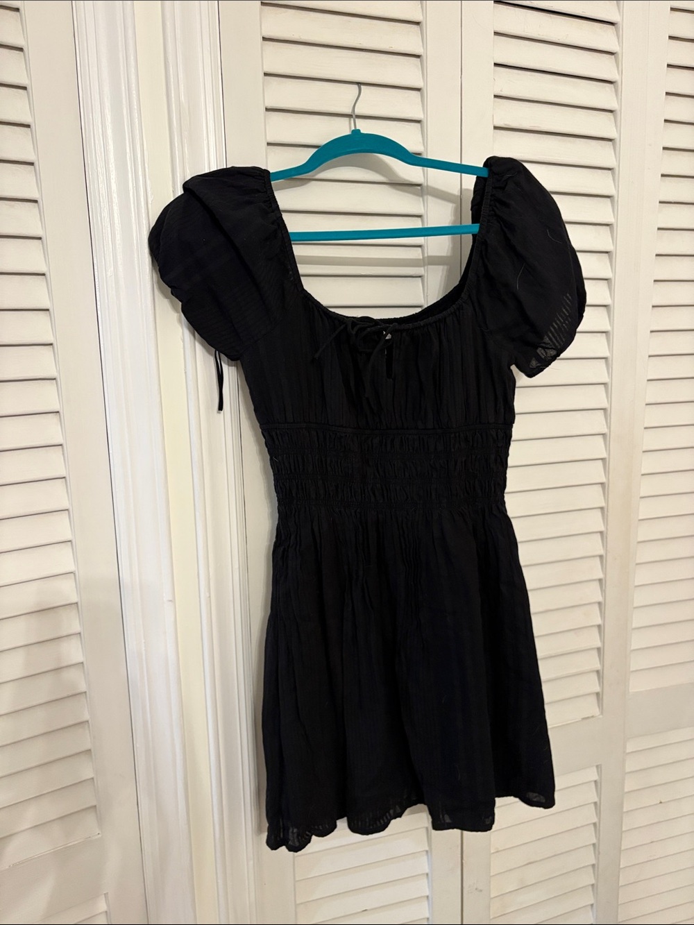 Little Moon Black Smocked Mini Dress with Puff Sleeves